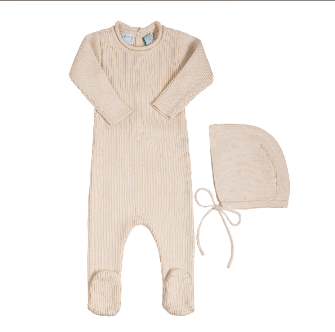 Feltman Brothers Rolled Collar Ribbed Knit Romper with Hat, Ecru, 3-6m