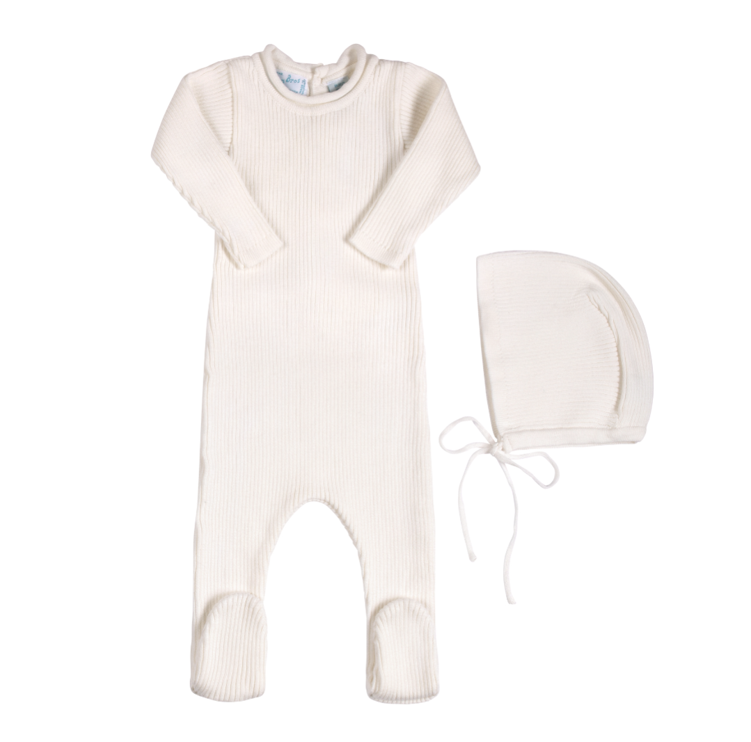 Feltman Brothers Rolled Collar Ribbed Knit Romper with Hat, Ivory, 0-3m