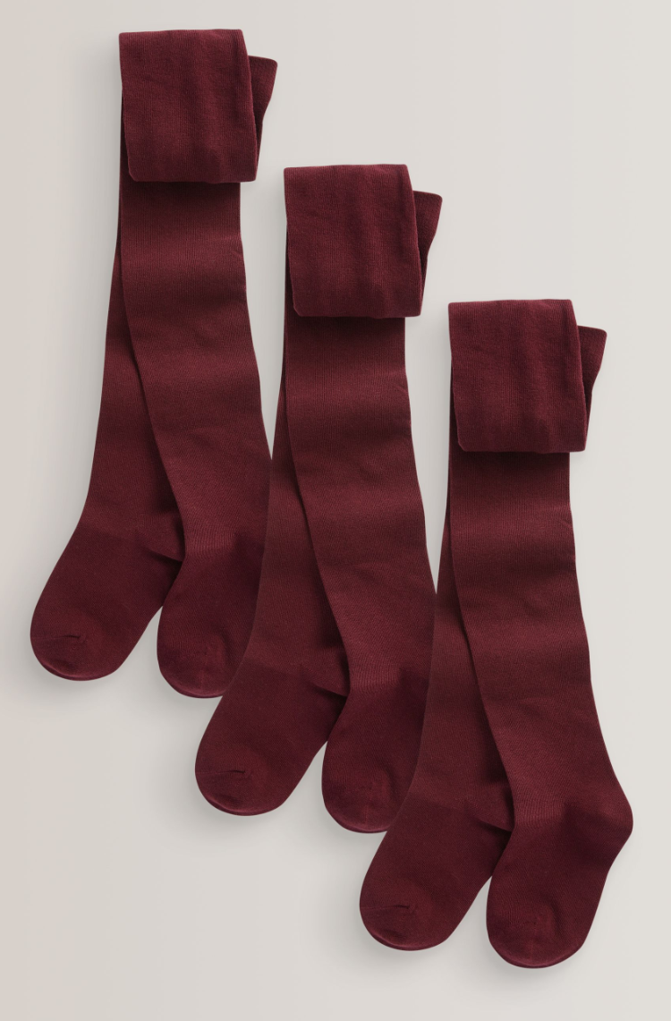 Burgundy Red Regular Length 3 Pack Cotton Rich School Tights - Size 9-10 Yrs.