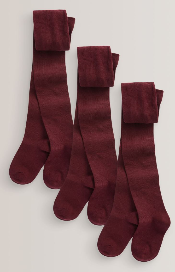 Burgundy Red Regular Length 3 Pack Cotton Rich School Tights - Size 13-14 Yrs,