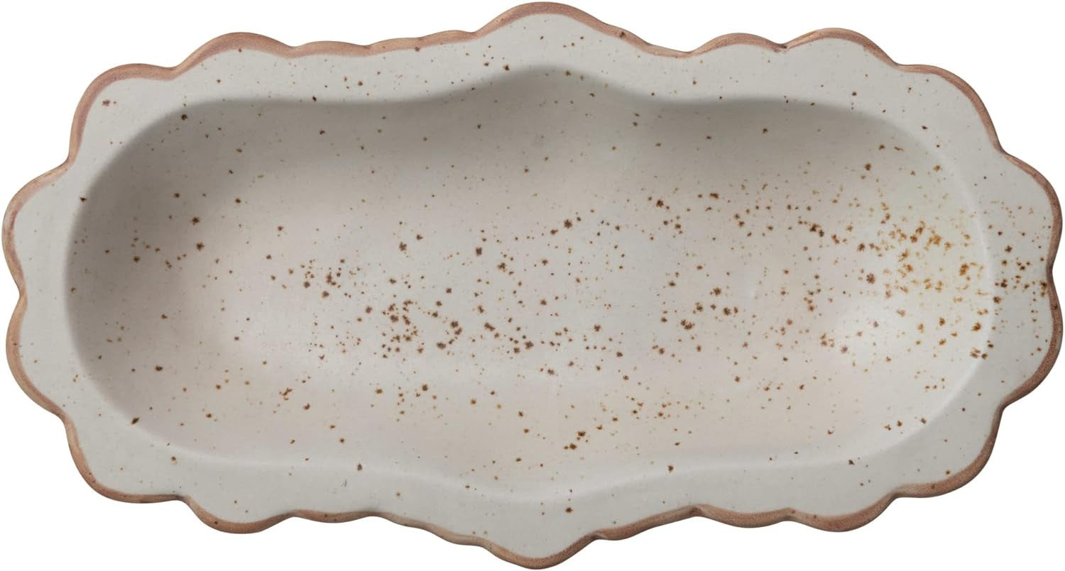 Ivory & Brown Speckled Stoneware Platter with Scalloped Edge, 18"