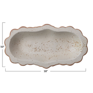 Ivory & Brown Speckled Stoneware Platter with Scalloped Edge, 18"