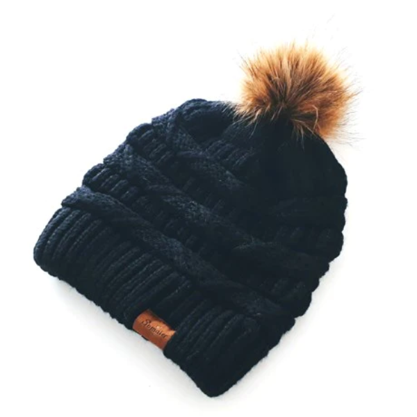 Rib Knit Fox Fur Slouch Hat - Black