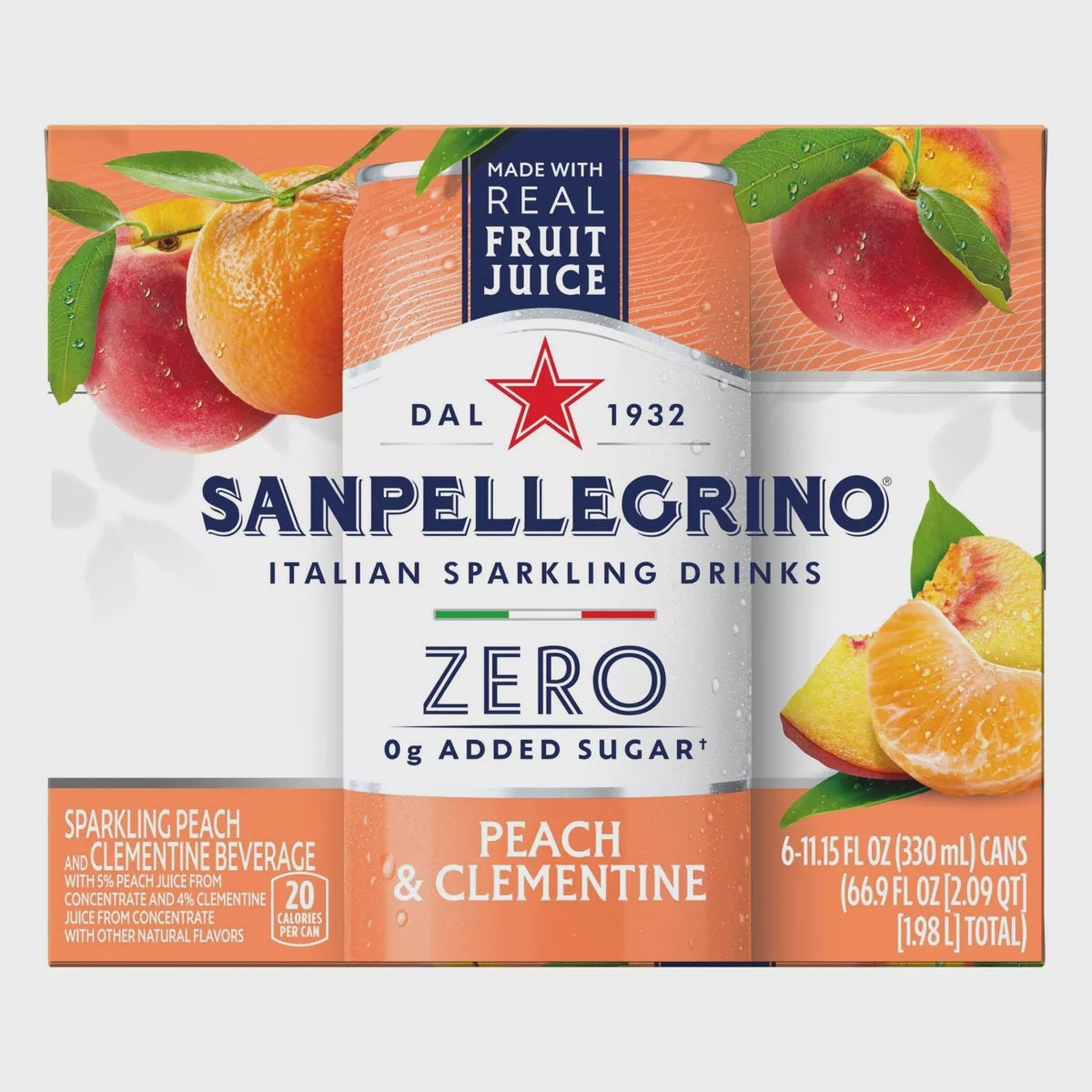 San Pellegrino Italian Sparkling Drink, Zero,  Peach & Clementine, 11.16oz, 6ct