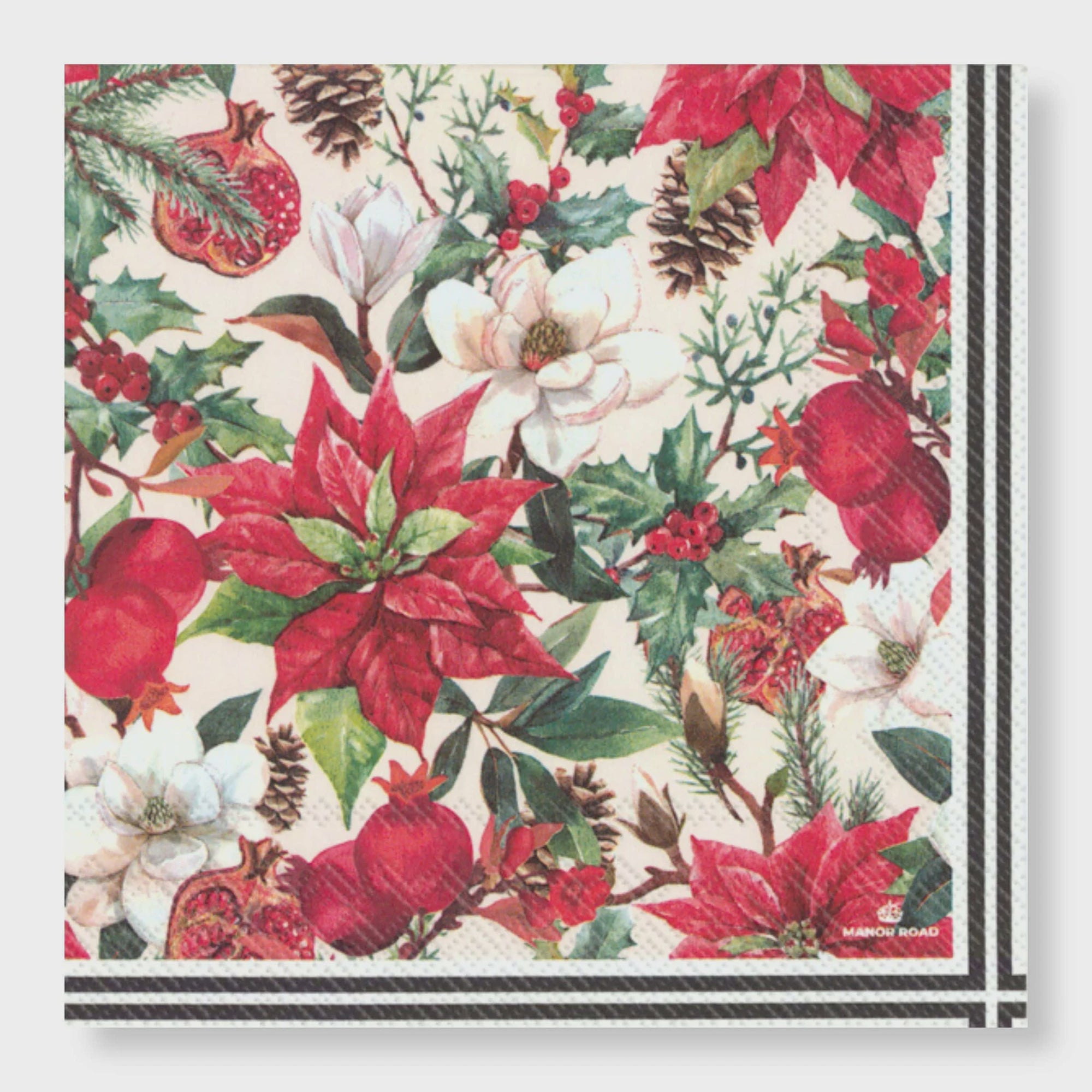 Manor Road Poinsettia & Pomegranate Cocktail Napkins, 25x25, 20pk