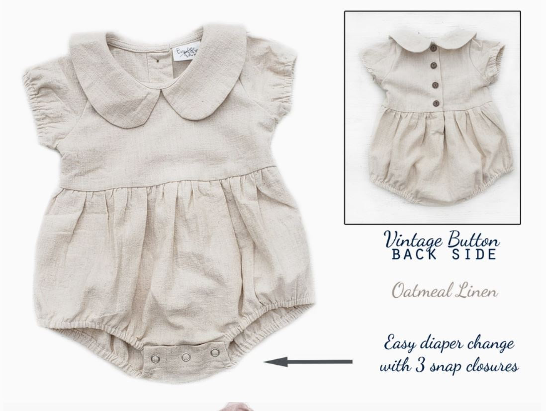 Olive & Cradle Baby Girl Linen Romper Short Sleeve| Allie Oatmeal 3-6M