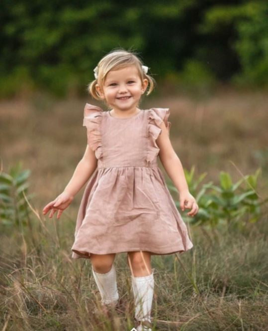 Olive & Cradle Baby Girl Linen Ruffled Sleeveless Dress| Gabriella Oatmeal Linen