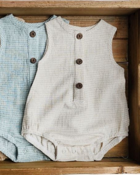 Olive & Cradle Baby Boy Girl Marco Romper Gingham Cotton Neutral Jumper Oat  6-12M