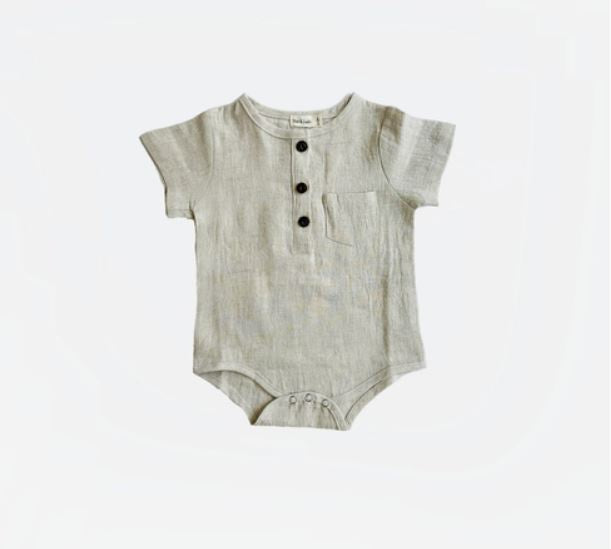 Olive & Cradle Boys Dress Shirt Short Sleeve Infant or Kids | Arlo Linen Oat | Natural linen