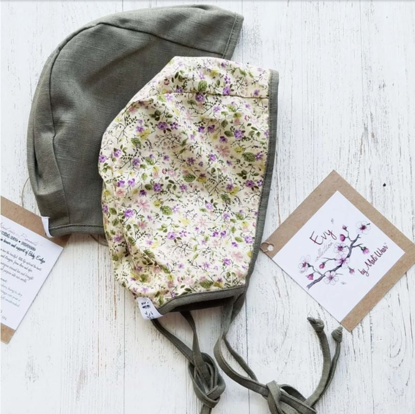 Olive & Cradle Baby Bonnet Hat Reversible Linen Olive and Floral Print