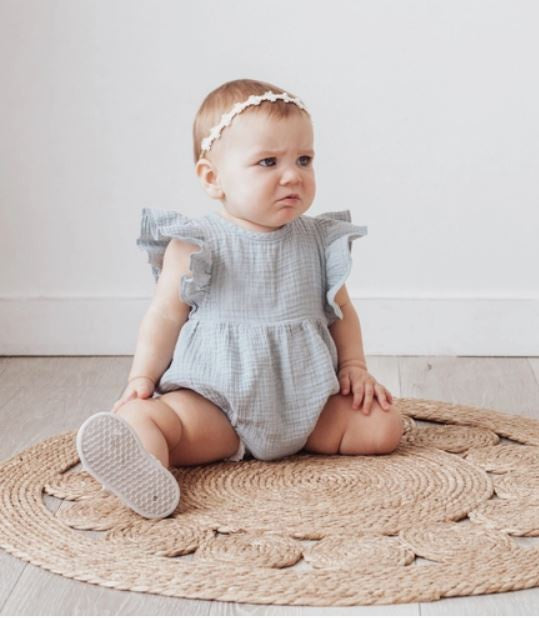 Olive & Cradle Baby Girl Muslin Spring Romper Short Sleeve | Milana +Bow Dusty Blue 6-12M