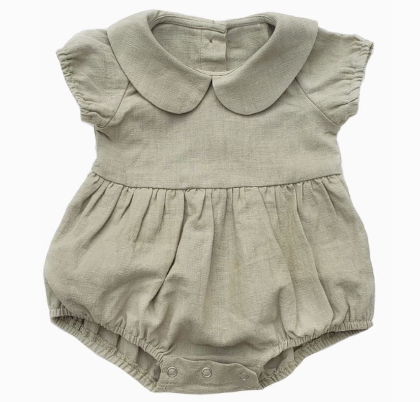 Olive & Cradle Baby Girl Linen Romper Short Sleeve| Allie sage 0-3M