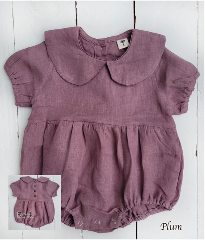 Olive & Cradle Baby Girl Linen Romper Short Sleeve| Allie Plum 6-12M