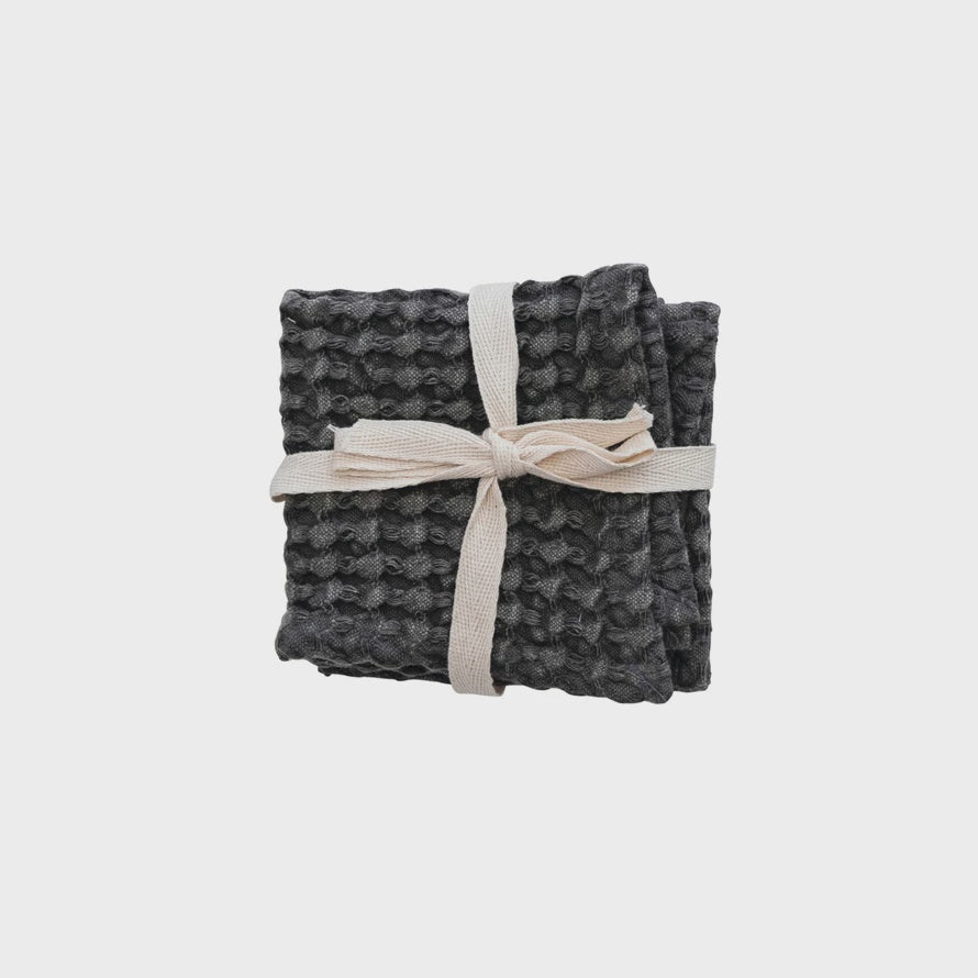 Stonewashed Cotton Waffle Weave Dish Cloths, Charcoal,  10-1/2" Square, Set of 3