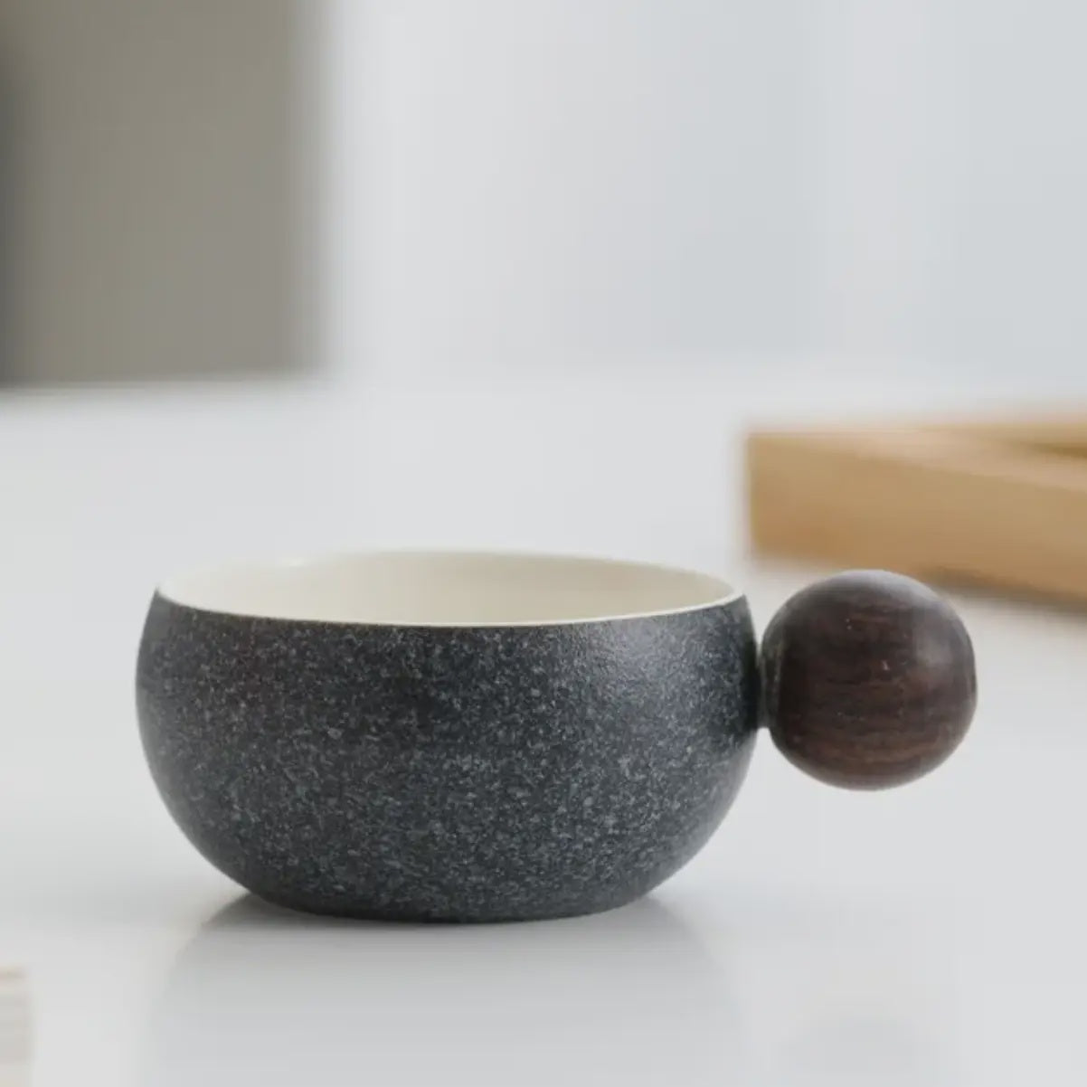 Homerely, Ceramic Coffee Cups with Wooden Handles, Black Stone, 110ml