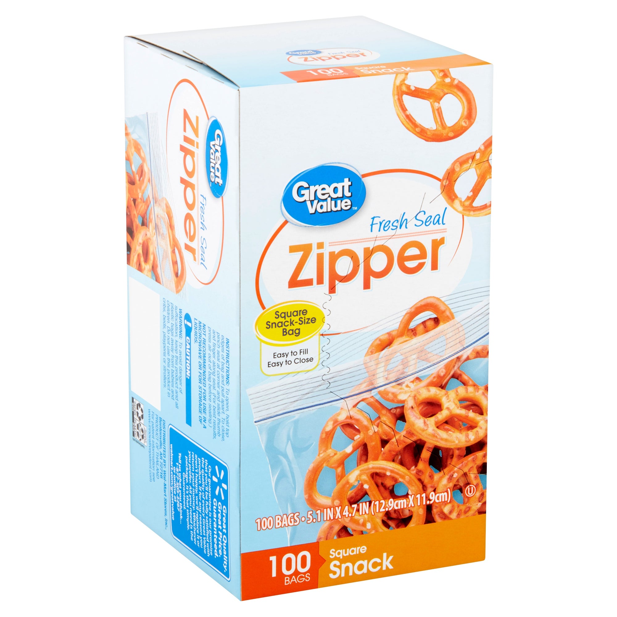 Great Value Square Zipper Snack Bags, 100 ct