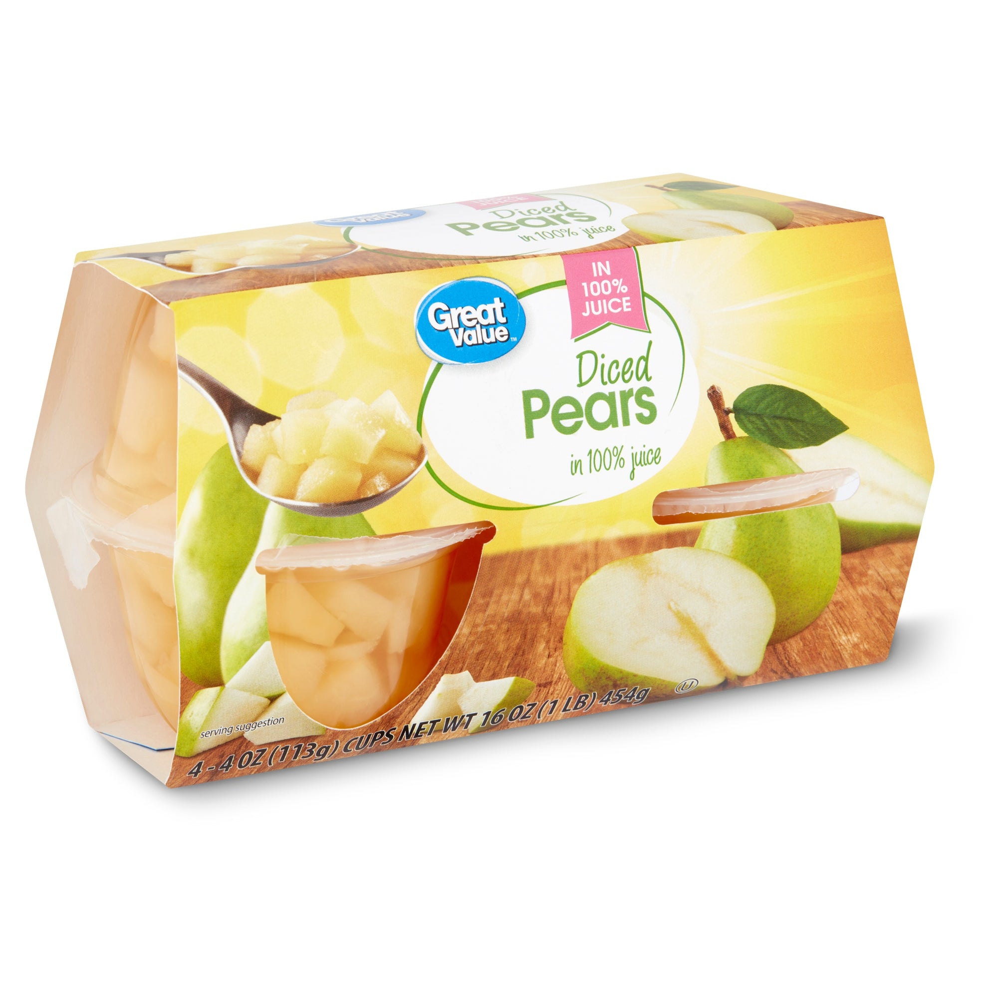 Great Value Diced Pears in 100% Juice, 4 - 4oz cups