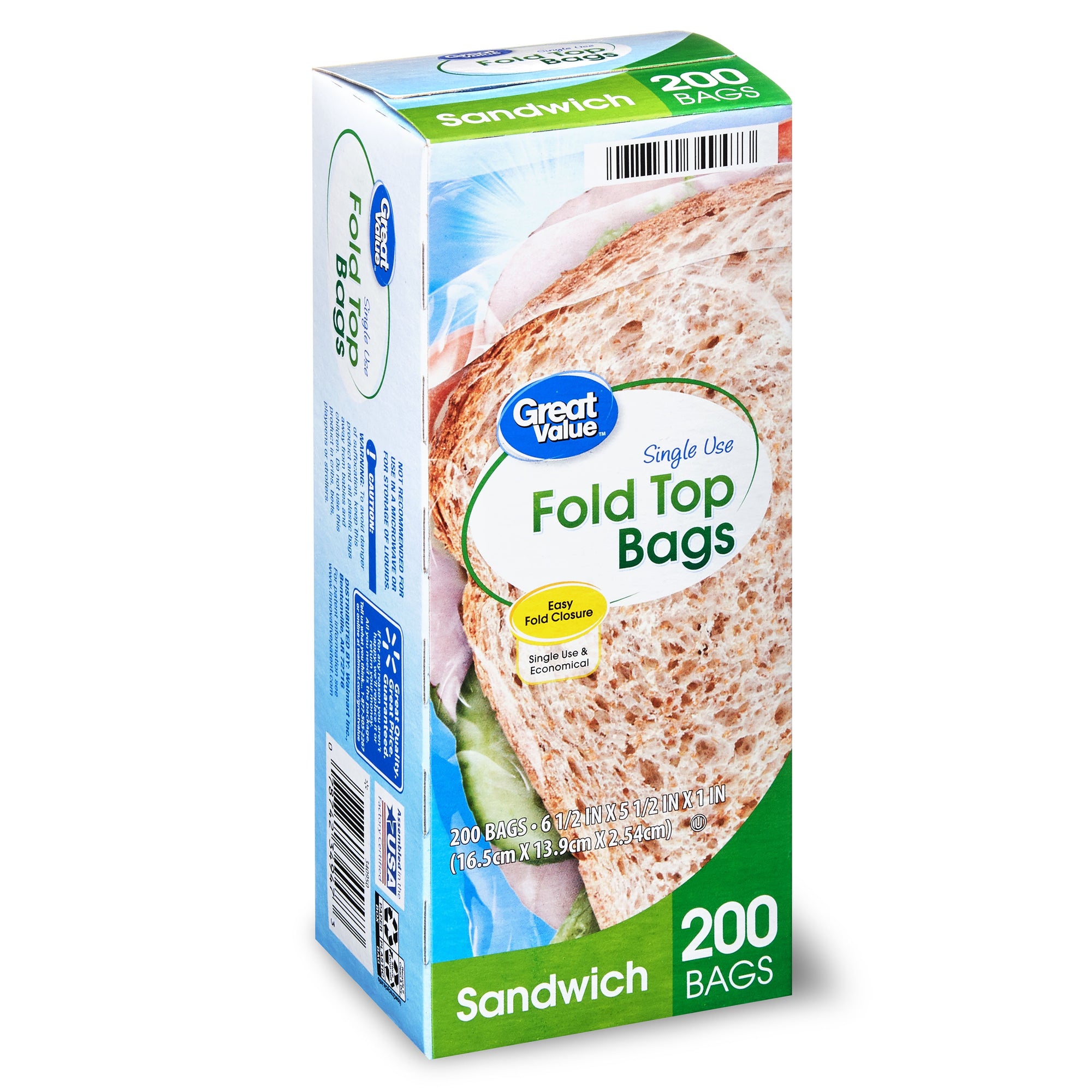 Great Value Fold Top Sandwich Bags, 200 ct