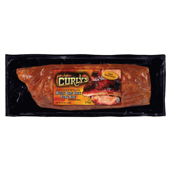 Curly's Baby Back Pork Ribs with BBQ Sauce, Extra Meaty, Fully Cooked, 48oz/3lbs (Frozen)