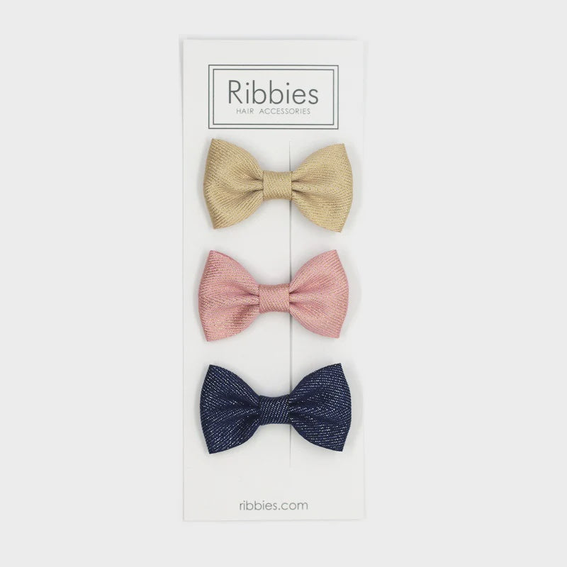 Ribbies Set of 3 Sparkly Bow Tie Hair Clips - Gold, Pink and Navy