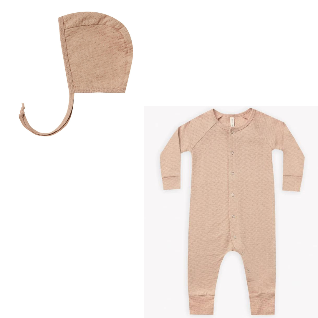 Quincy Mae Pointelle Long John & Bonnet Set | Blush | 3-6m