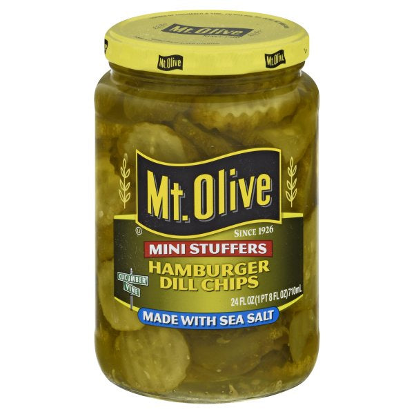 Mt. Olive Mini Stuffers Hamburger Dill Pickle Chips, with Sea Salt, 24 fl oz